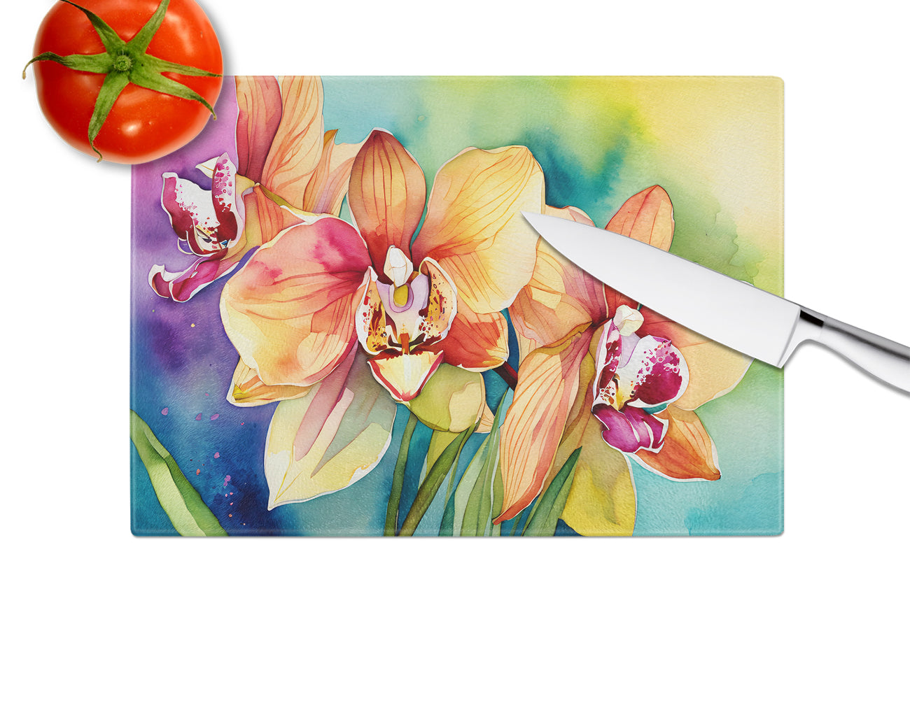 Orchids in Watercolor Glass Cutting Board