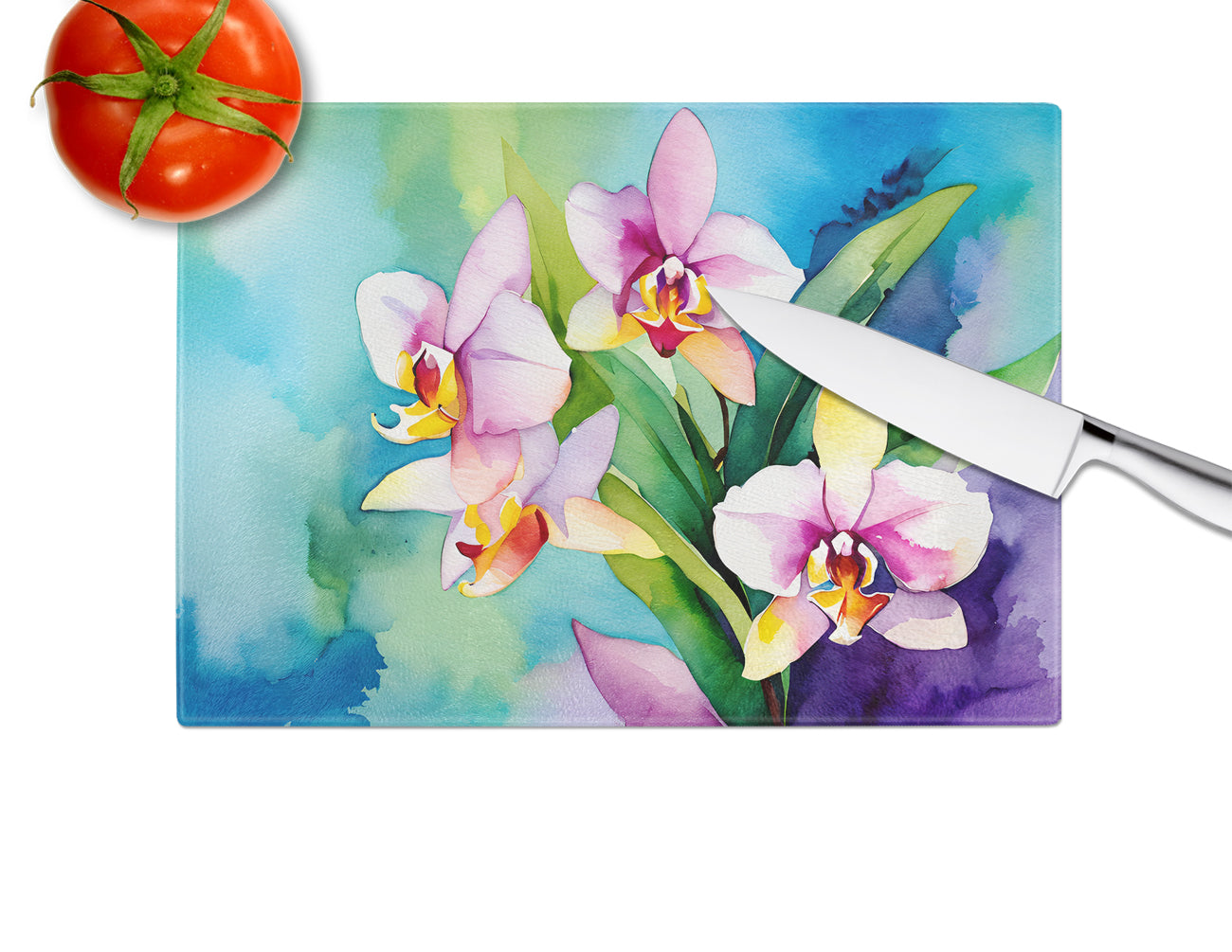 Orchids in Watercolor Glass Cutting Board