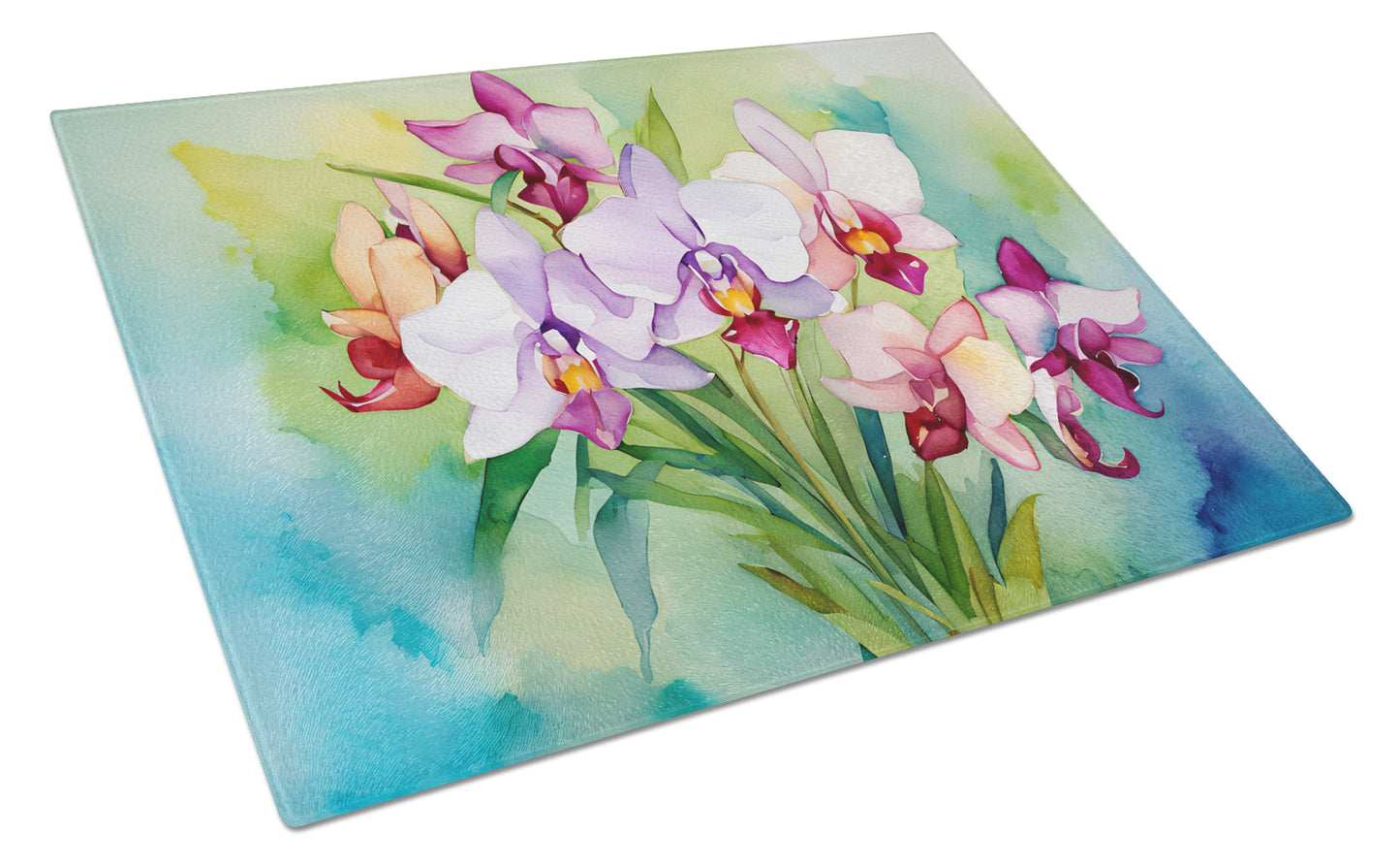 Buy this Orchids in Watercolor Glass Cutting Board