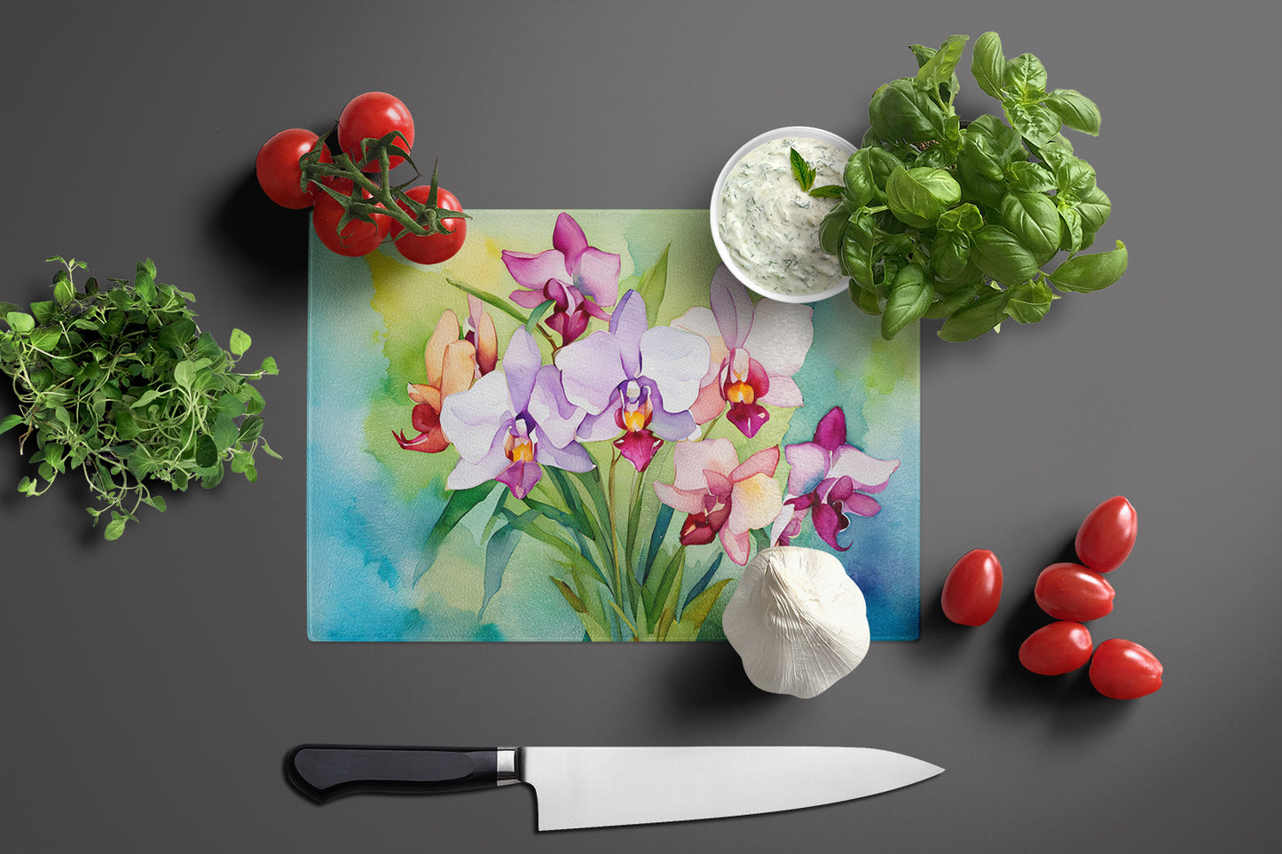 Orchids in Watercolor Glass Cutting Board