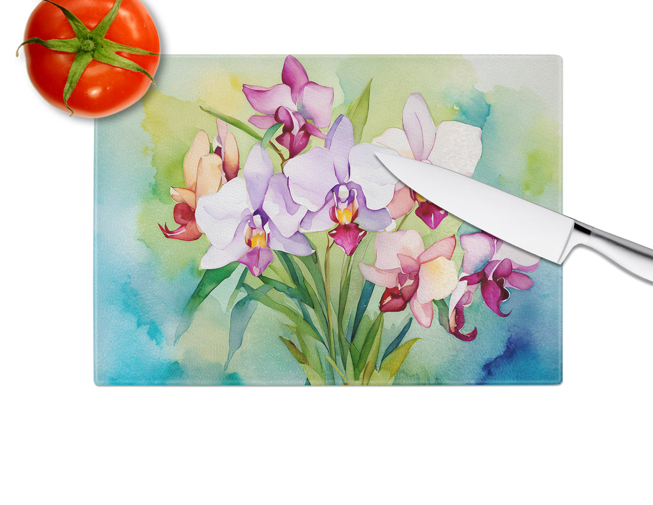 Orchids in Watercolor Glass Cutting Board