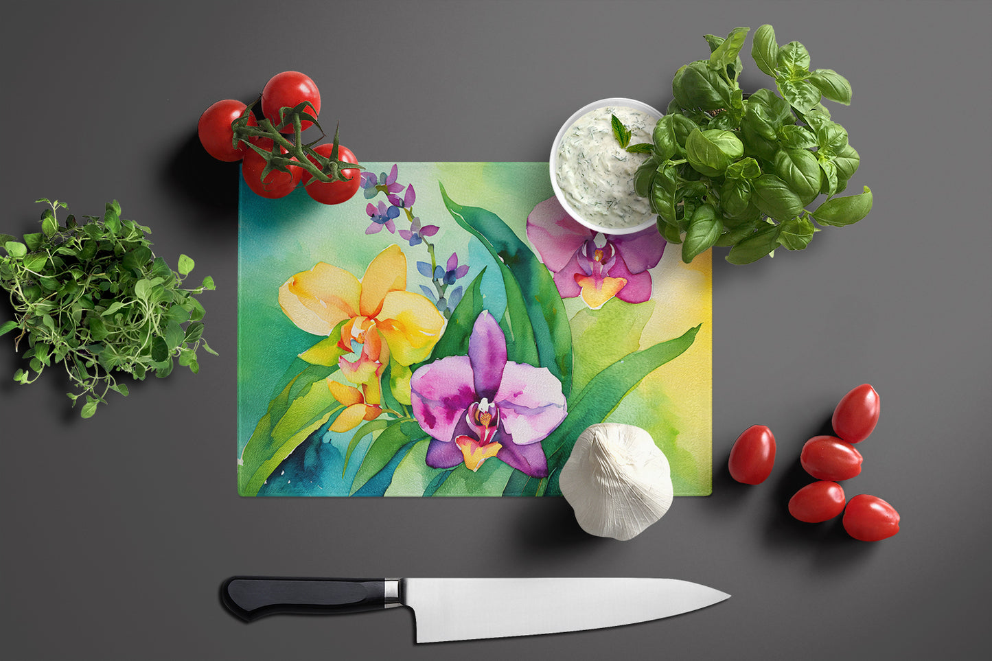 Orchids in Watercolor Glass Cutting Board