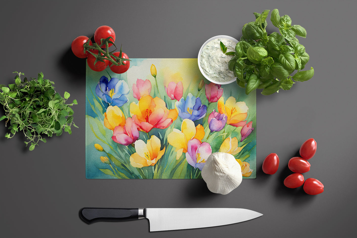 Freesias in Watercolor Glass Cutting Board