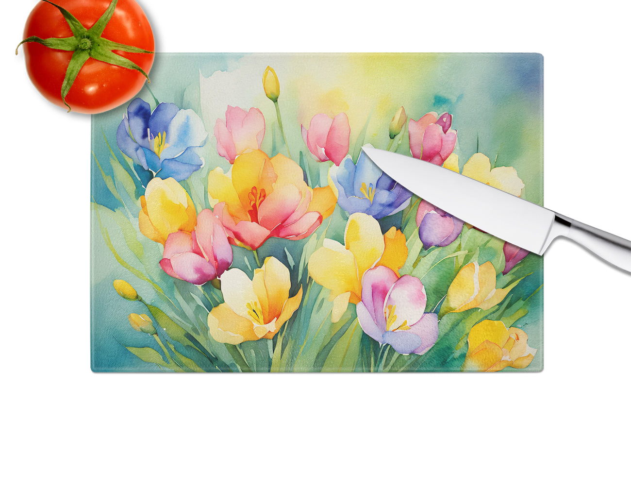 Freesias in Watercolor Glass Cutting Board