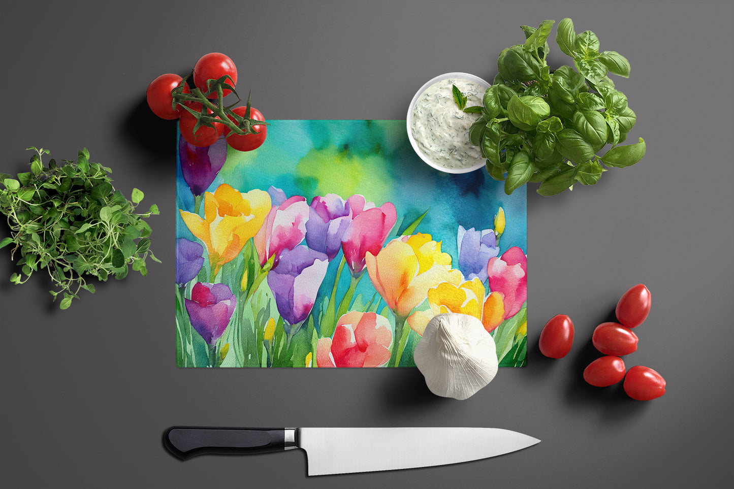 Freesias in Watercolor Glass Cutting Board