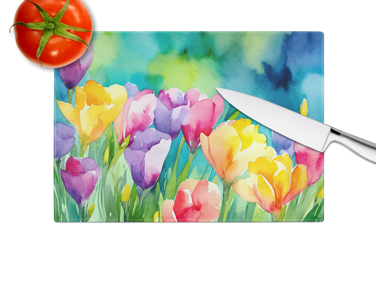 Freesias in Watercolor Glass Cutting Board