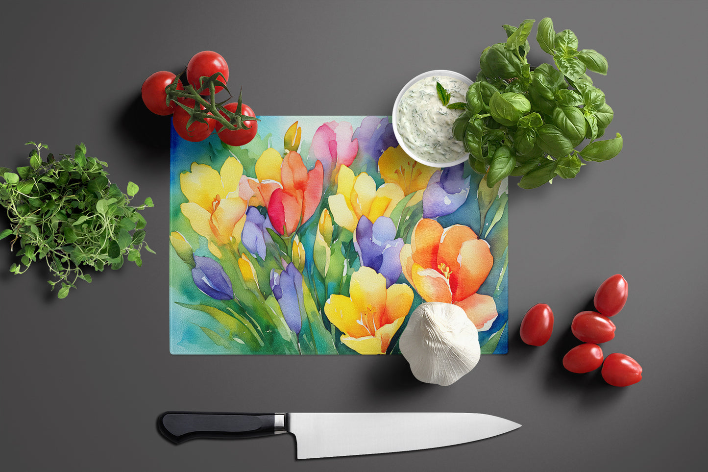 Freesias in Watercolor Glass Cutting Board