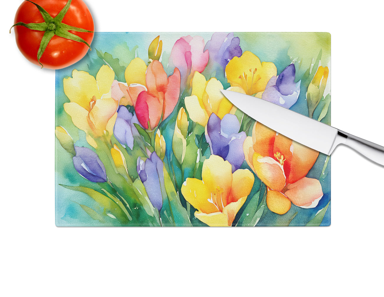 Freesias in Watercolor Glass Cutting Board