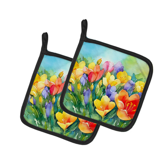 Buy this Freesias in Watercolor Pair of Pot Holders