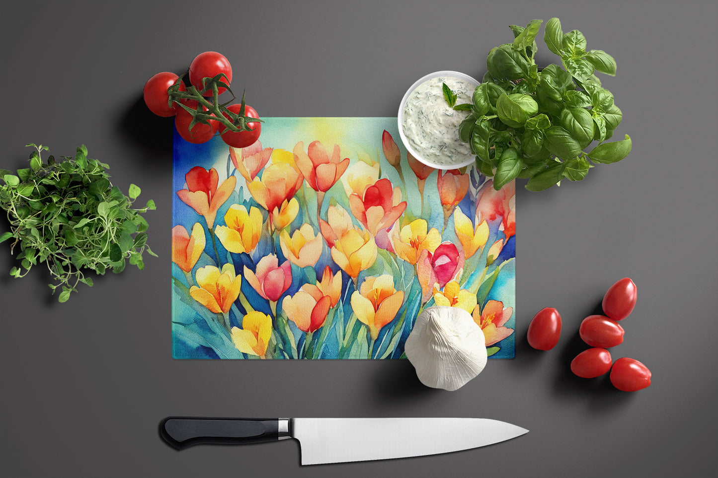 Freesias in Watercolor Glass Cutting Board