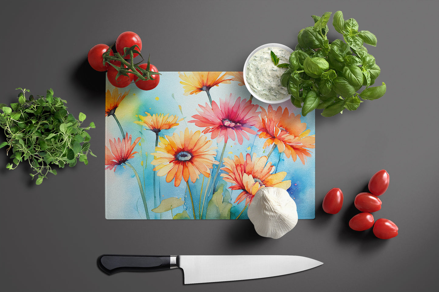 Gerbera Daisies in Watercolor Glass Cutting Board