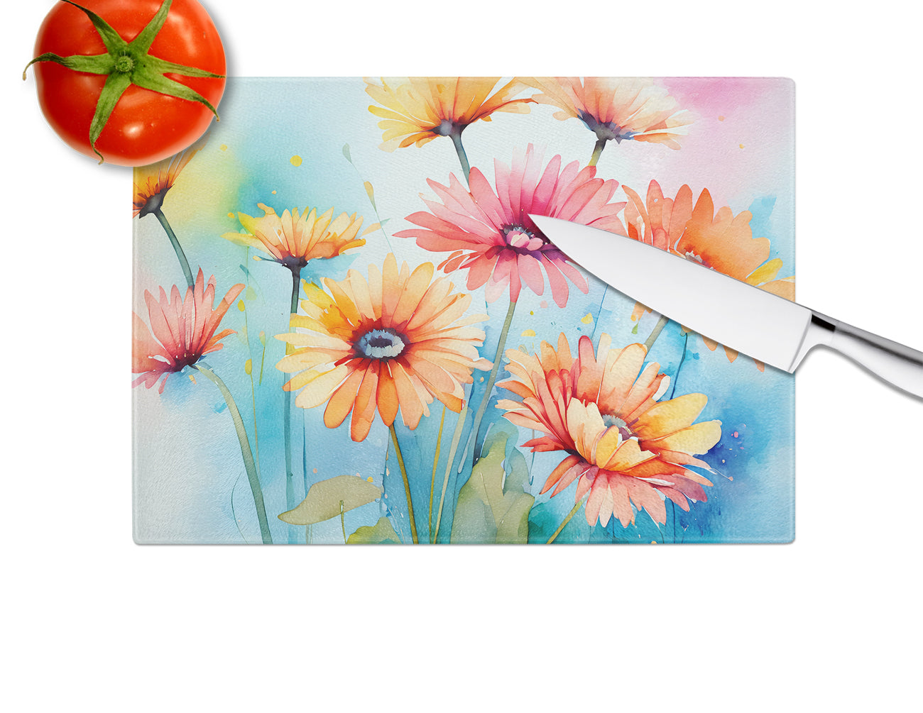 Gerbera Daisies in Watercolor Glass Cutting Board