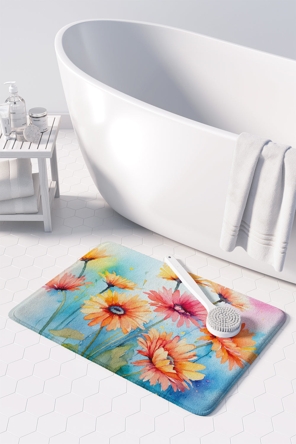 Gerbera Daisies in Watercolor Memory Foam Kitchen Mat