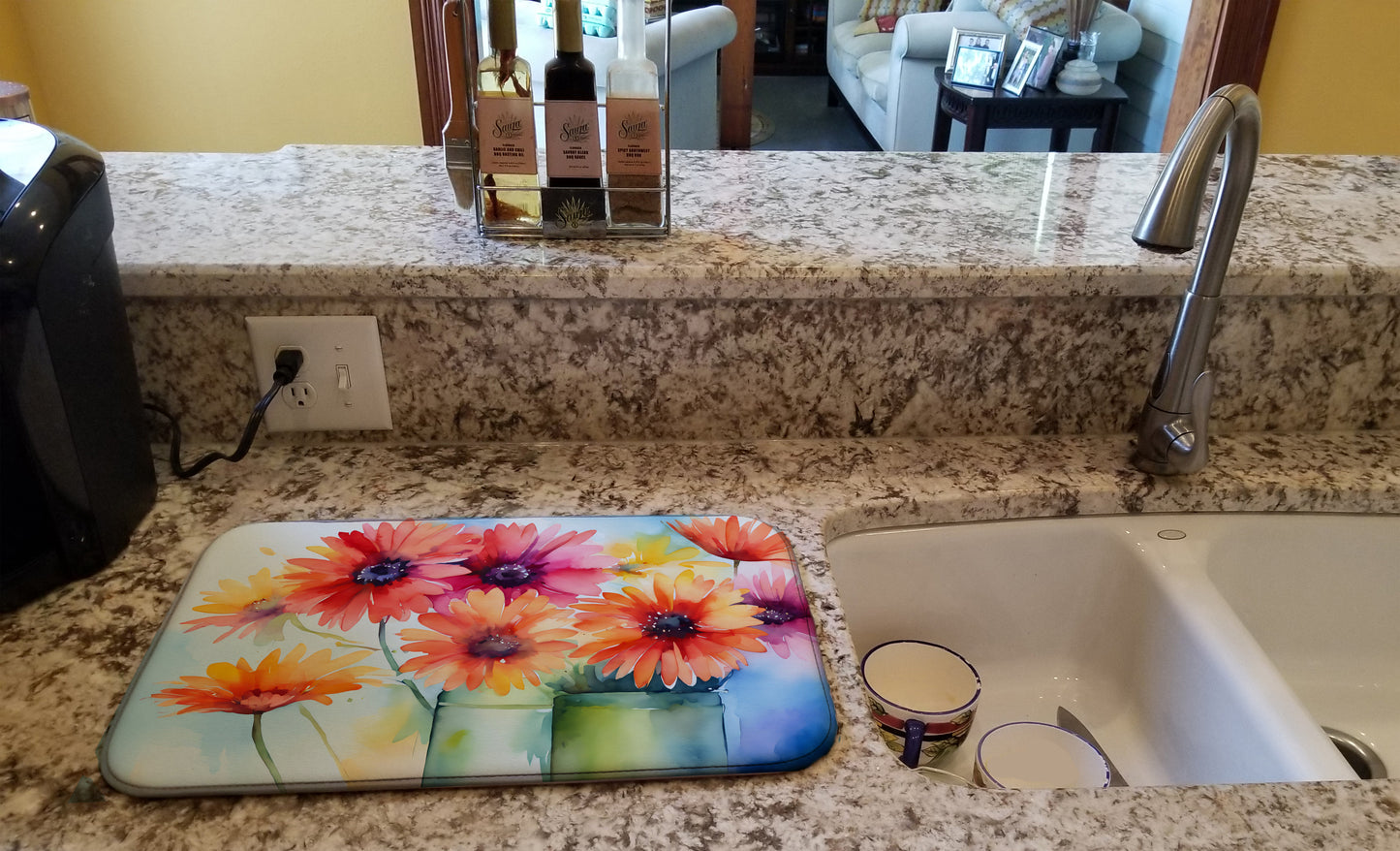 Gerbera Daisies in Watercolor Dish Drying Mat