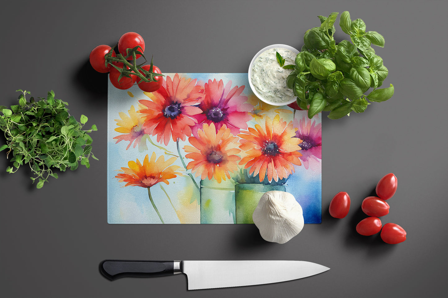 Gerbera Daisies in Watercolor Glass Cutting Board