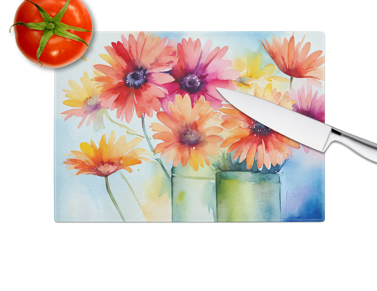 Gerbera Daisies in Watercolor Glass Cutting Board