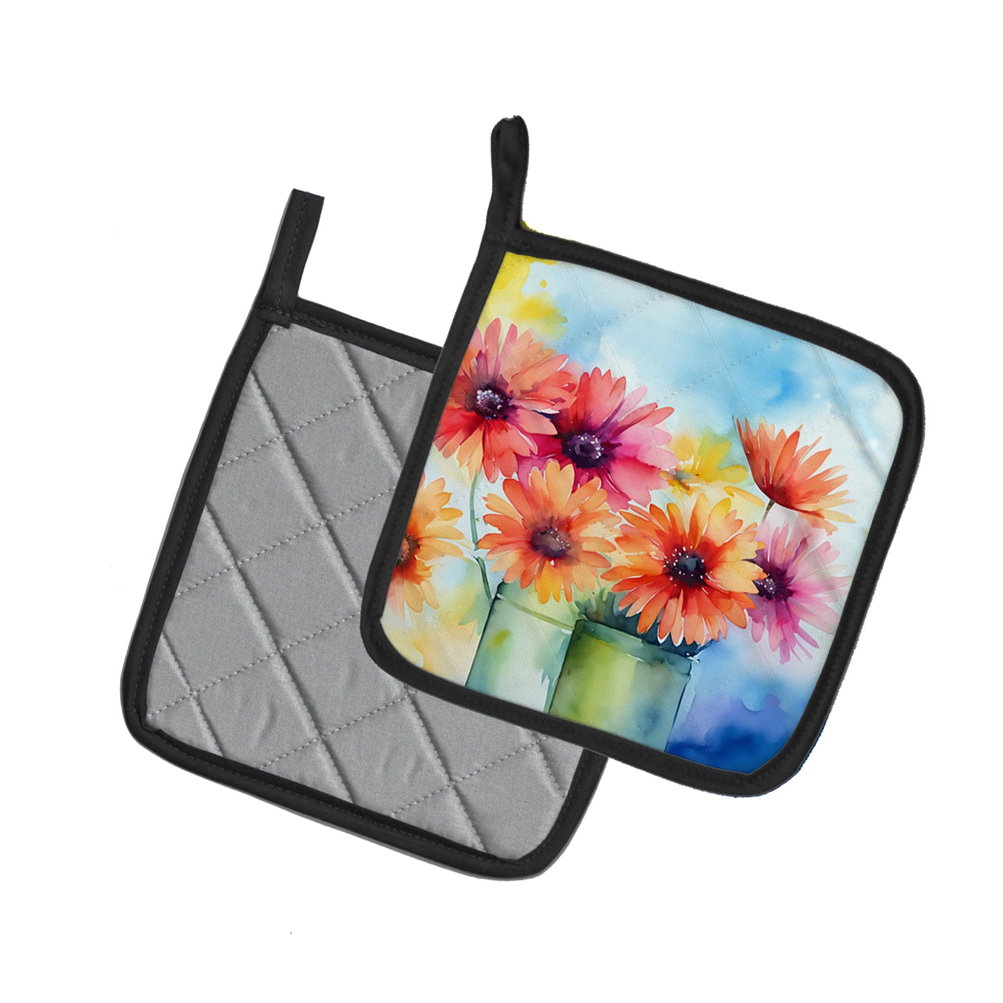 Gerbera Daisies in Watercolor Pair of Pot Holders