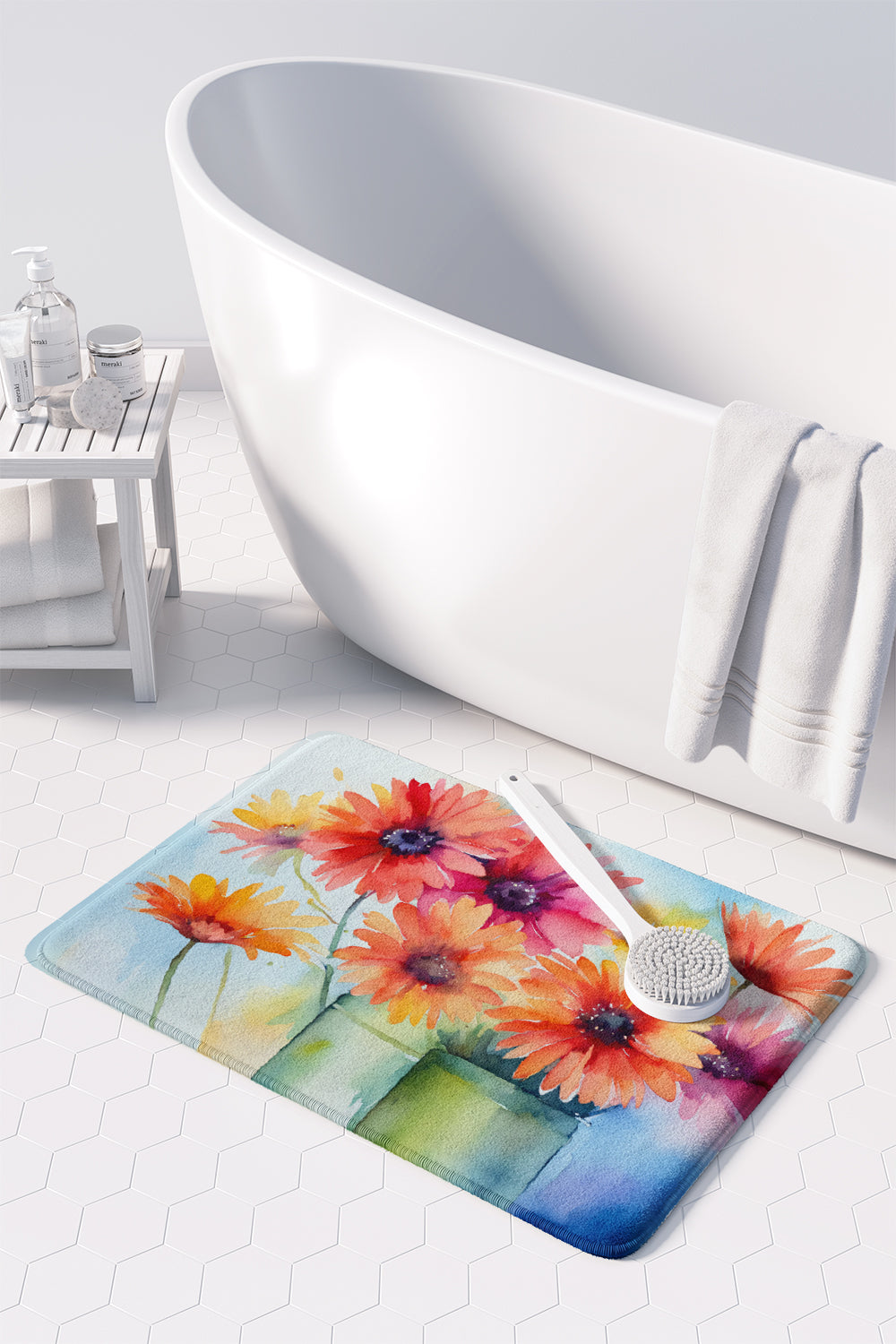 Gerbera Daisies in Watercolor Memory Foam Kitchen Mat