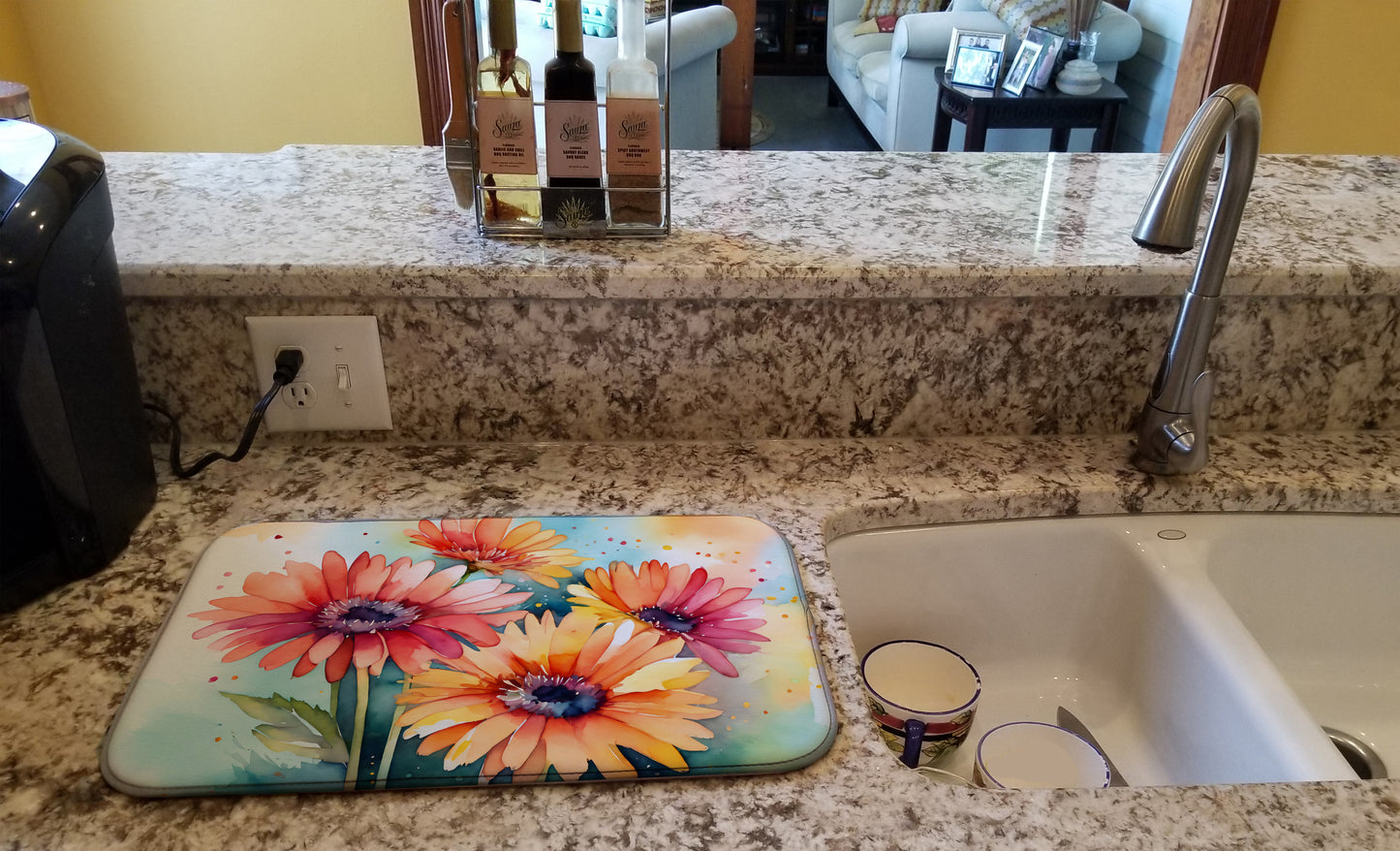 Gerbera Daisies in Watercolor Dish Drying Mat