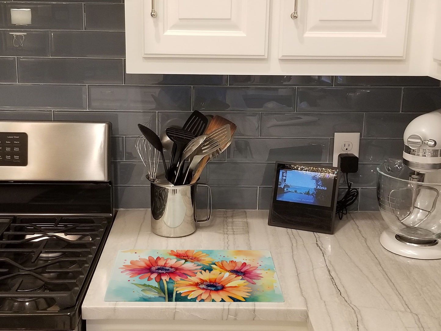 Gerbera Daisies in Watercolor Glass Cutting Board