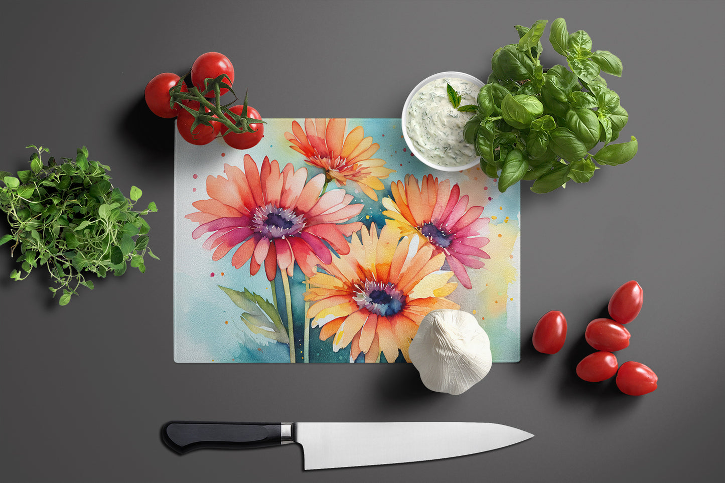 Gerbera Daisies in Watercolor Glass Cutting Board