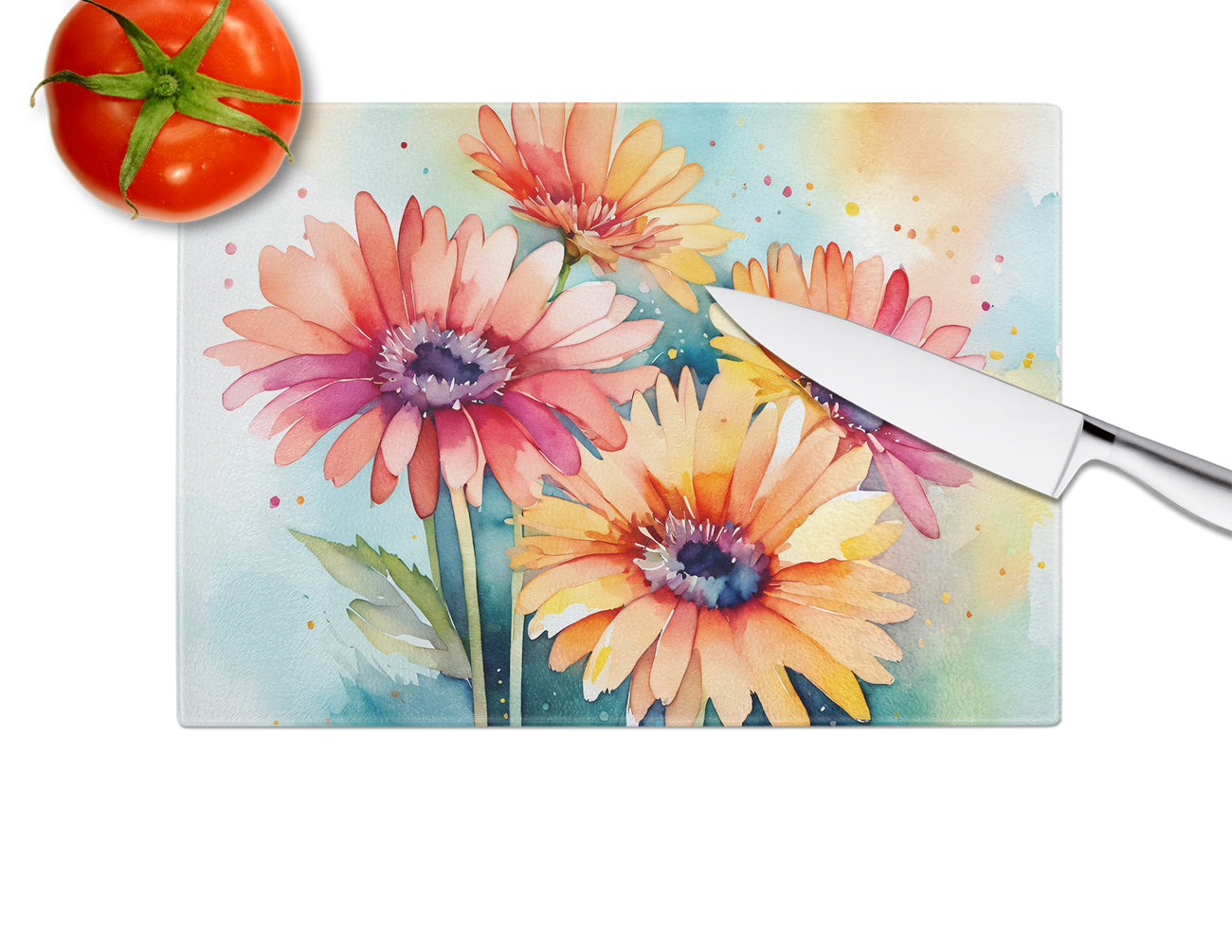 Gerbera Daisies in Watercolor Glass Cutting Board