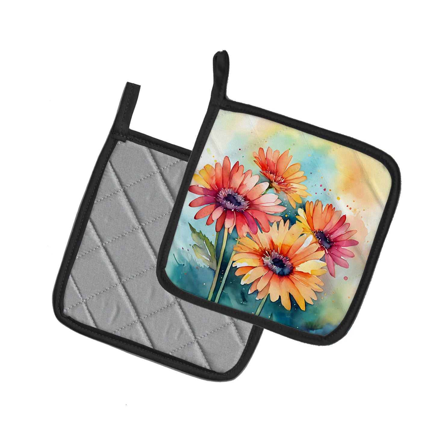 Gerbera Daisies in Watercolor Pair of Pot Holders