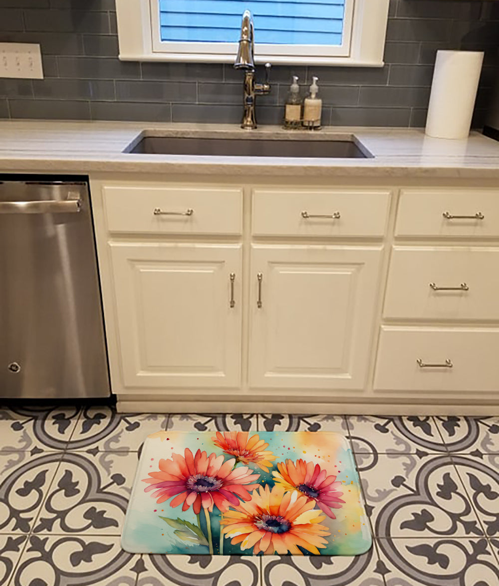 Gerbera Daisies in Watercolor Memory Foam Kitchen Mat