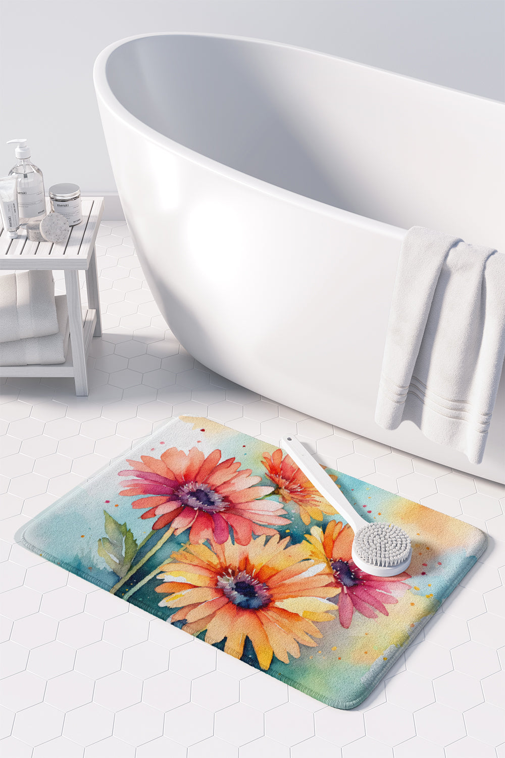 Gerbera Daisies in Watercolor Memory Foam Kitchen Mat