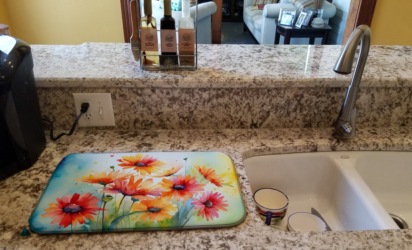 Gerbera Daisies in Watercolor Dish Drying Mat