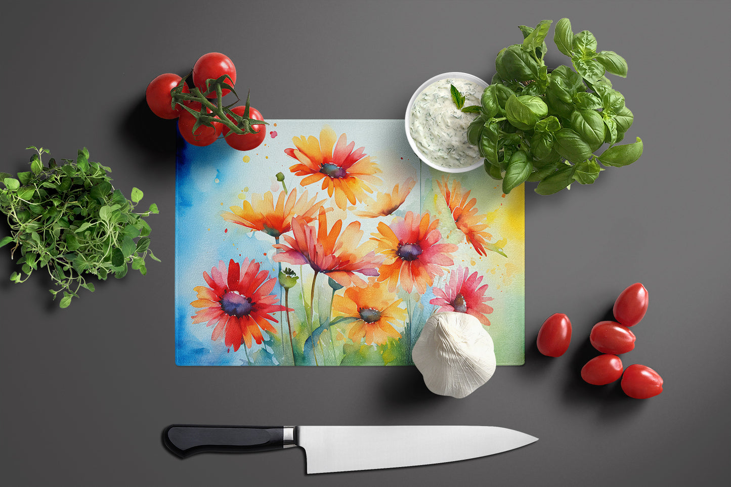 Gerbera Daisies in Watercolor Glass Cutting Board