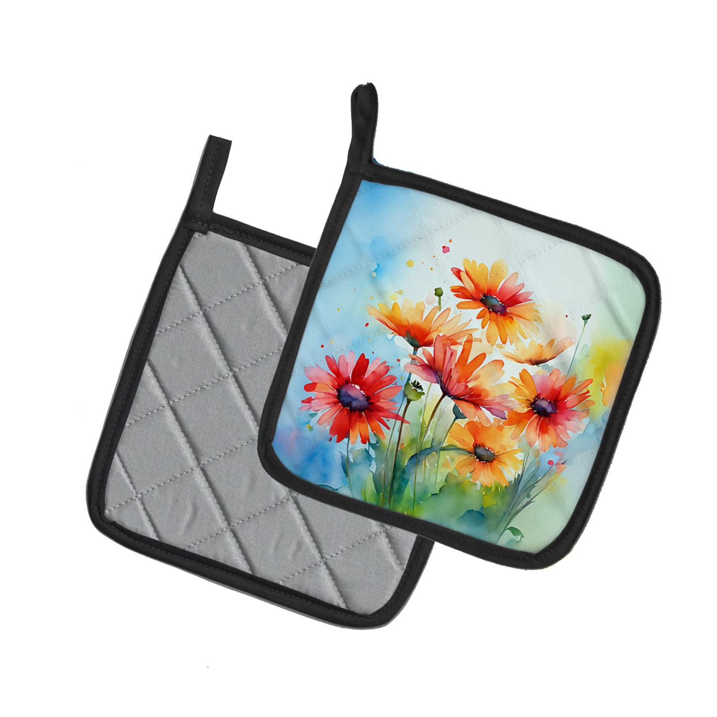 Gerbera Daisies in Watercolor Pair of Pot Holders