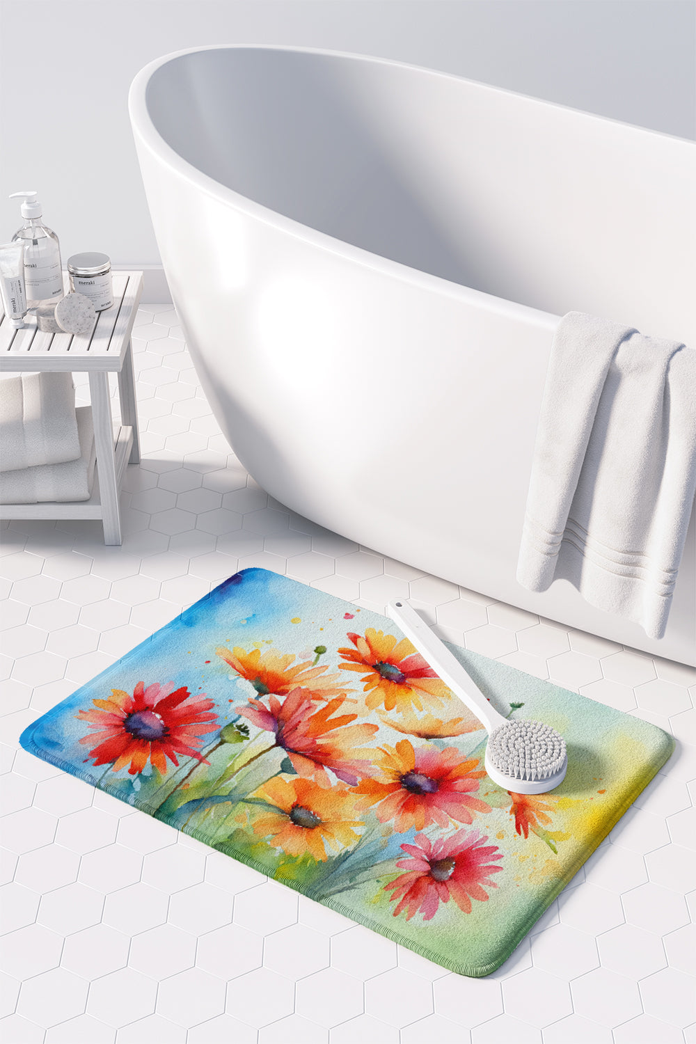 Gerbera Daisies in Watercolor Memory Foam Kitchen Mat