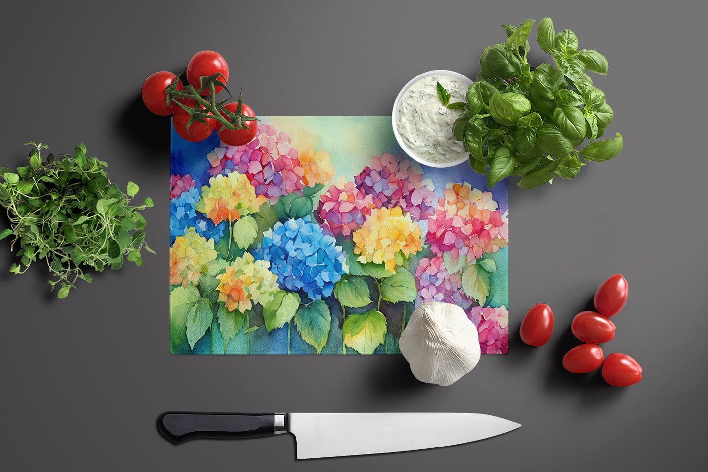 Hydrangeas in Watercolor Glass Cutting Board