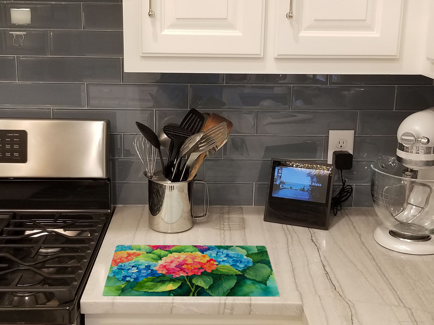 Hydrangeas in Watercolor Glass Cutting Board