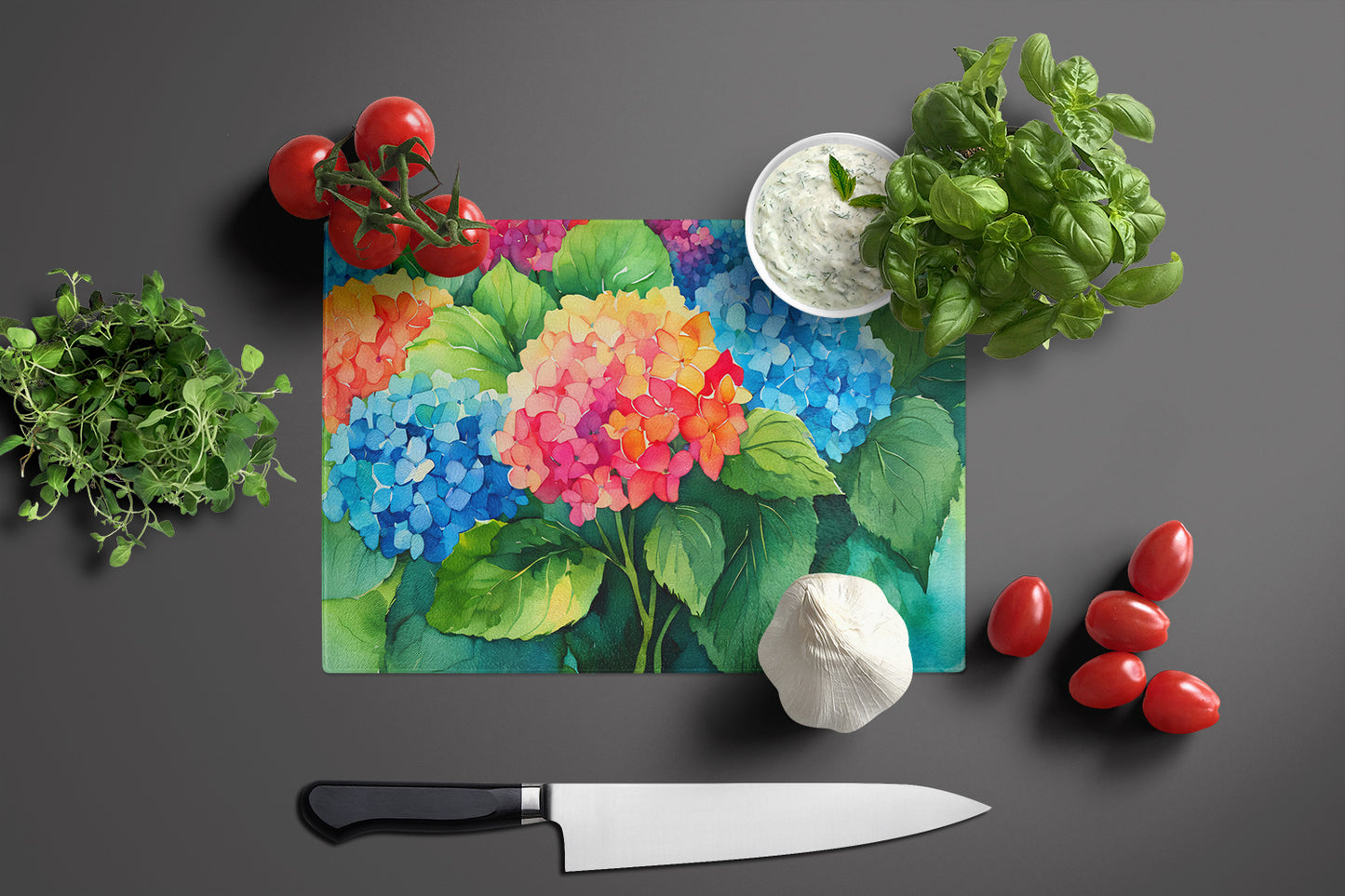 Hydrangeas in Watercolor Glass Cutting Board