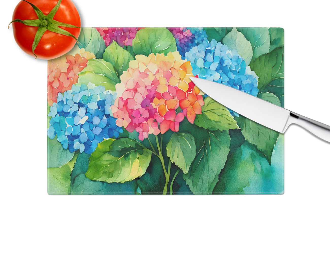 Hydrangeas in Watercolor Glass Cutting Board