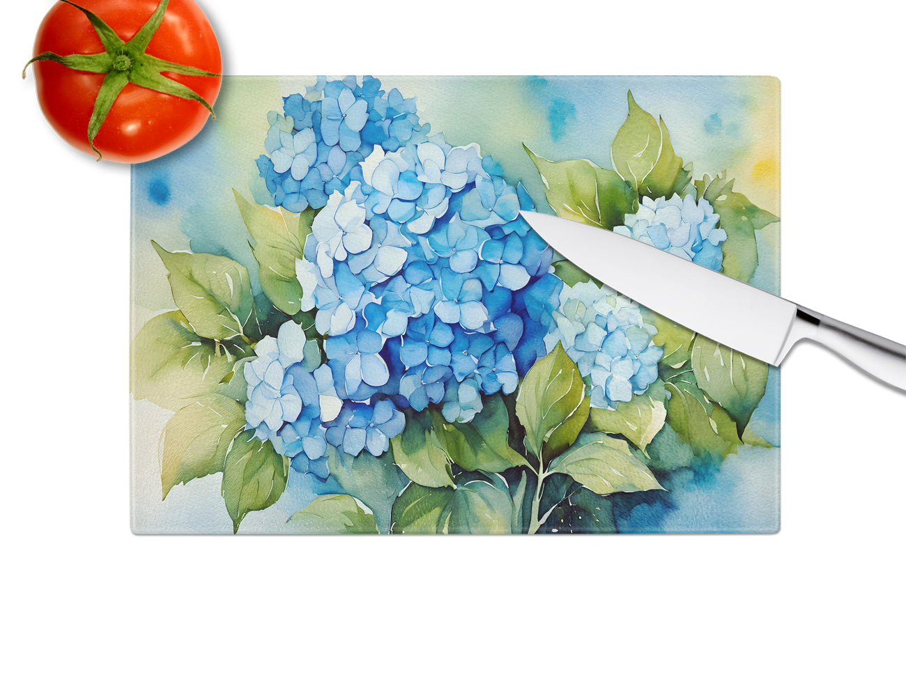 Hydrangeas in Watercolor Glass Cutting Board