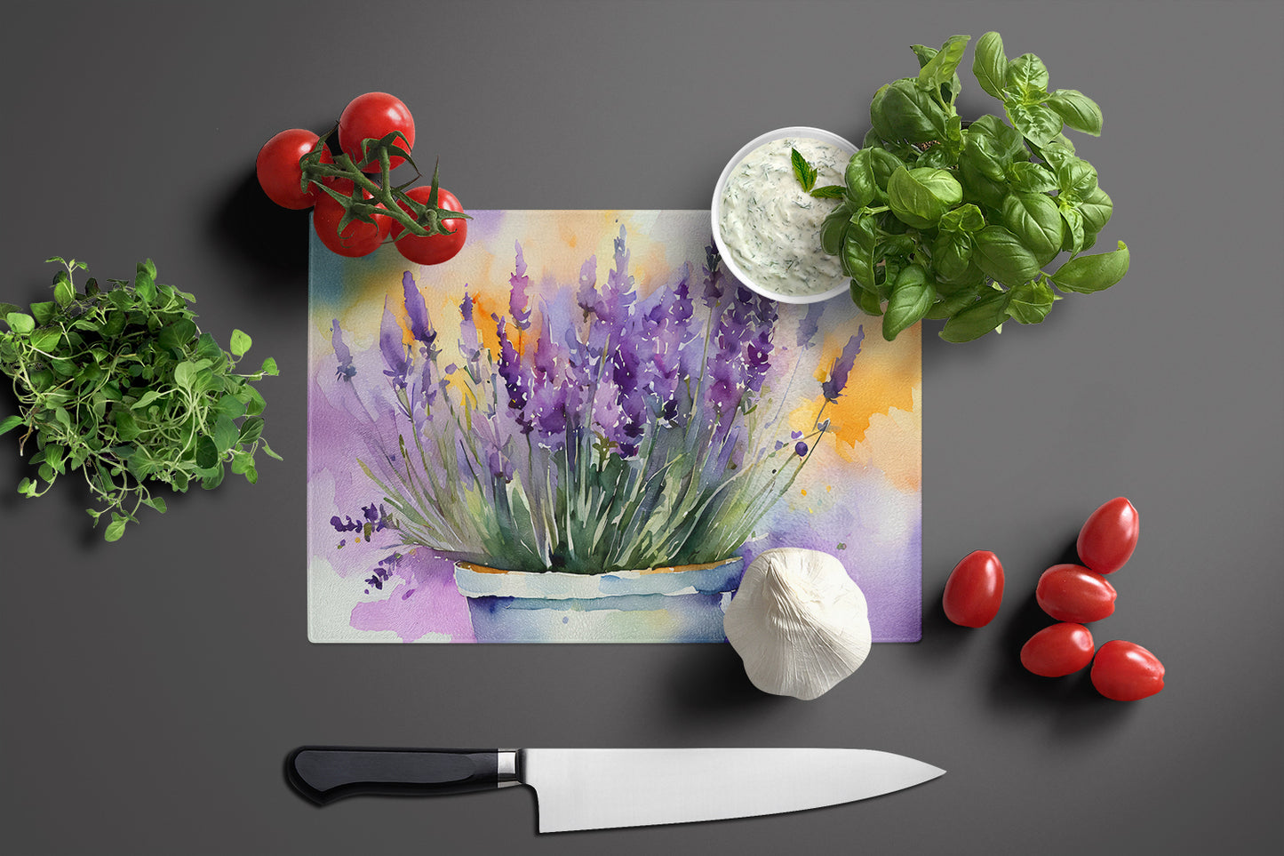 Lavender in Watercolor Glass Cutting Board