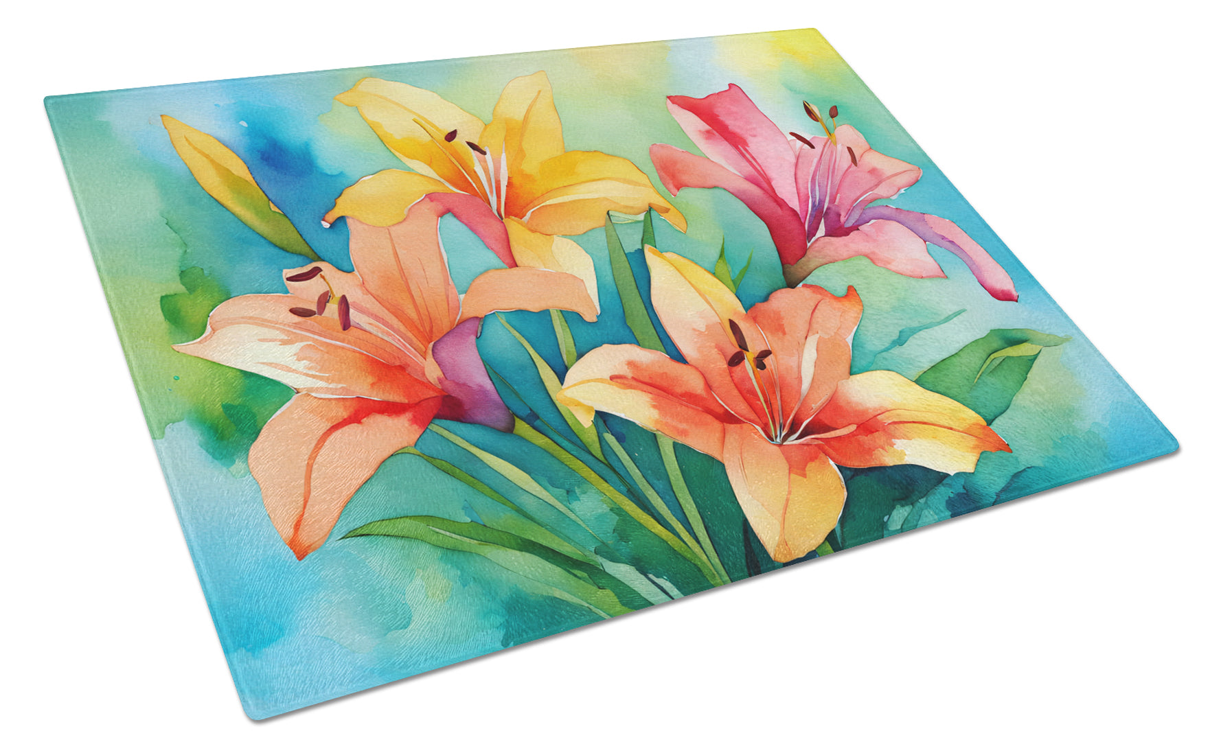 Buy this Lilies in Watercolor Glass Cutting Board