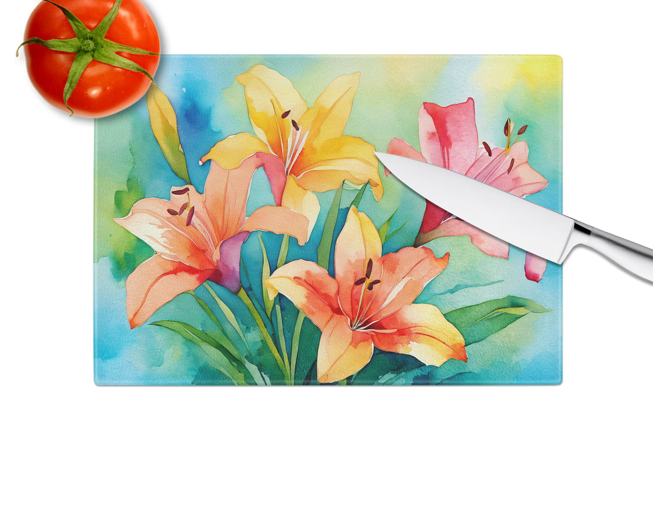 Lilies in Watercolor Glass Cutting Board