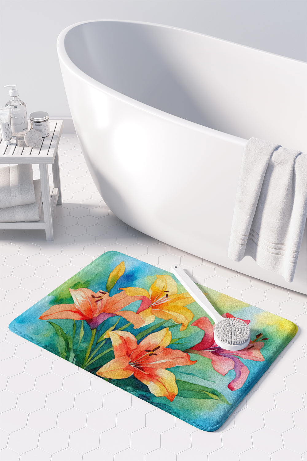 Lilies in Watercolor Memory Foam Kitchen Mat