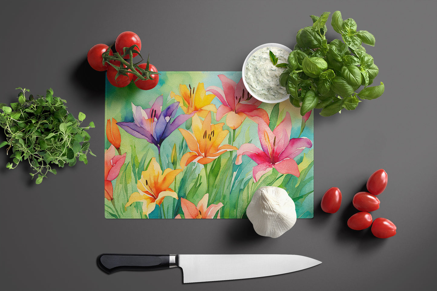 Lilies in Watercolor Glass Cutting Board