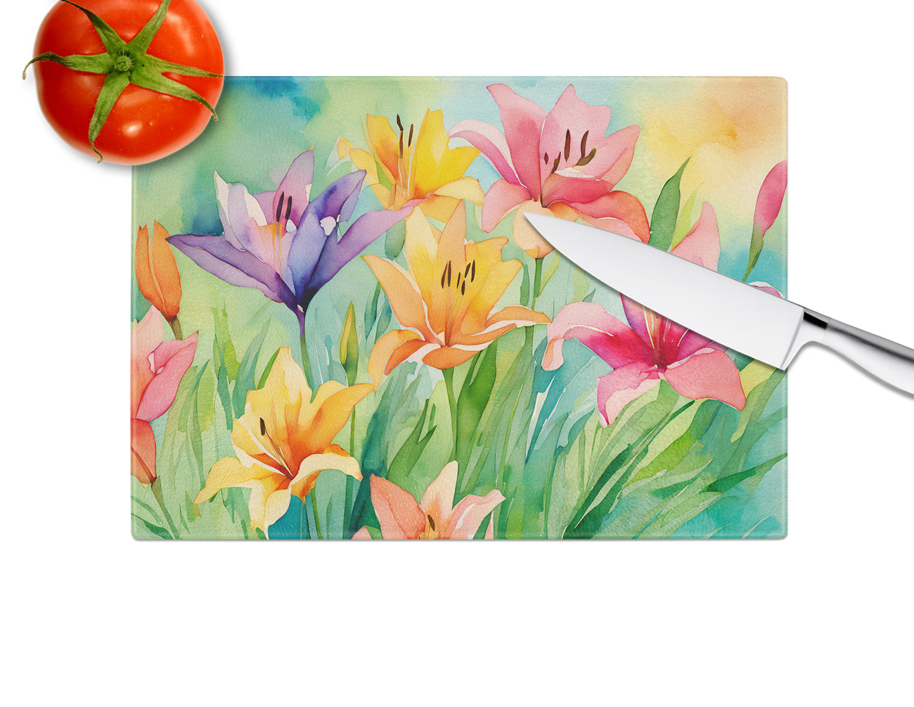 Lilies in Watercolor Glass Cutting Board