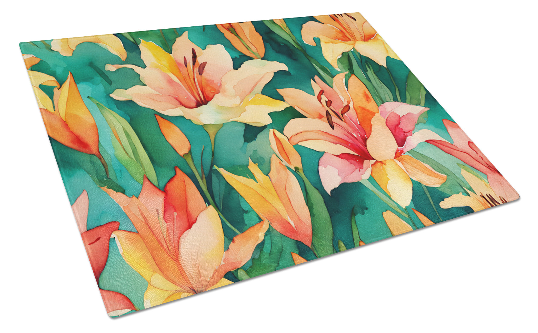 Buy this Lilies in Watercolor Glass Cutting Board