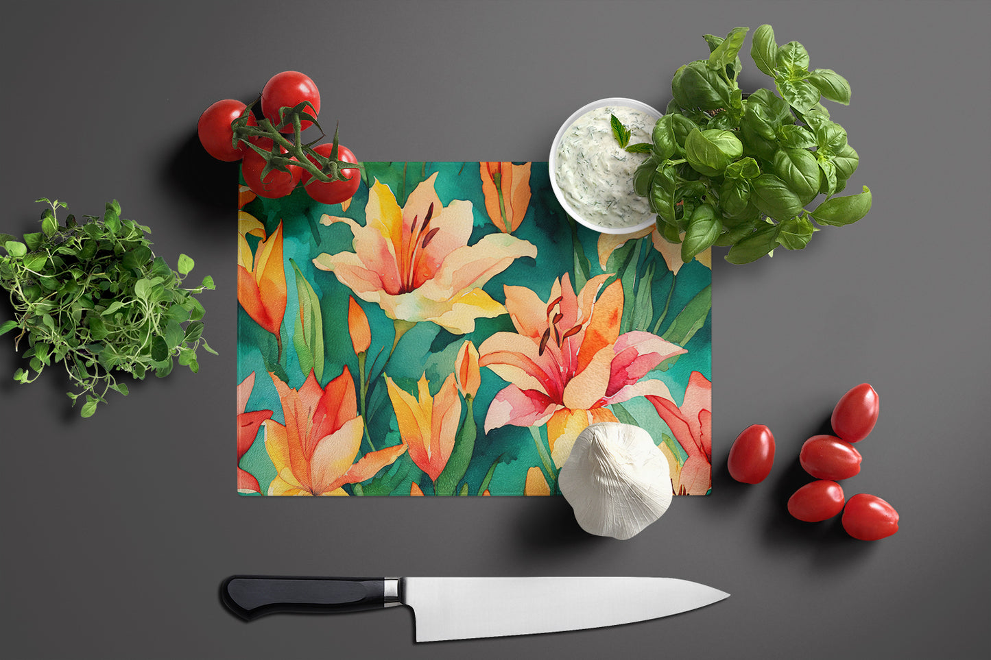 Lilies in Watercolor Glass Cutting Board