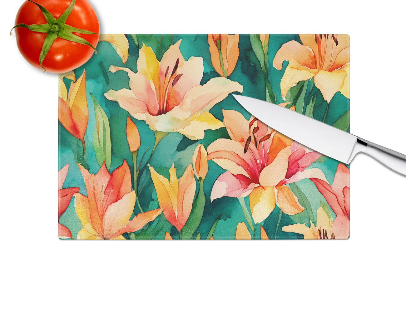 Lilies in Watercolor Glass Cutting Board