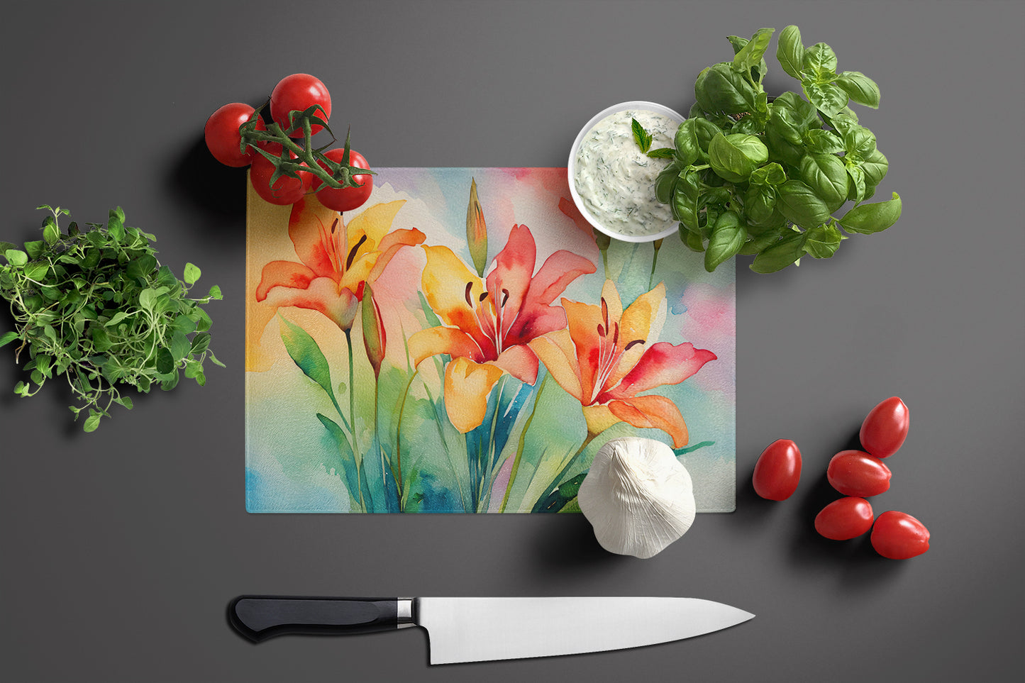 Lilies in Watercolor Glass Cutting Board