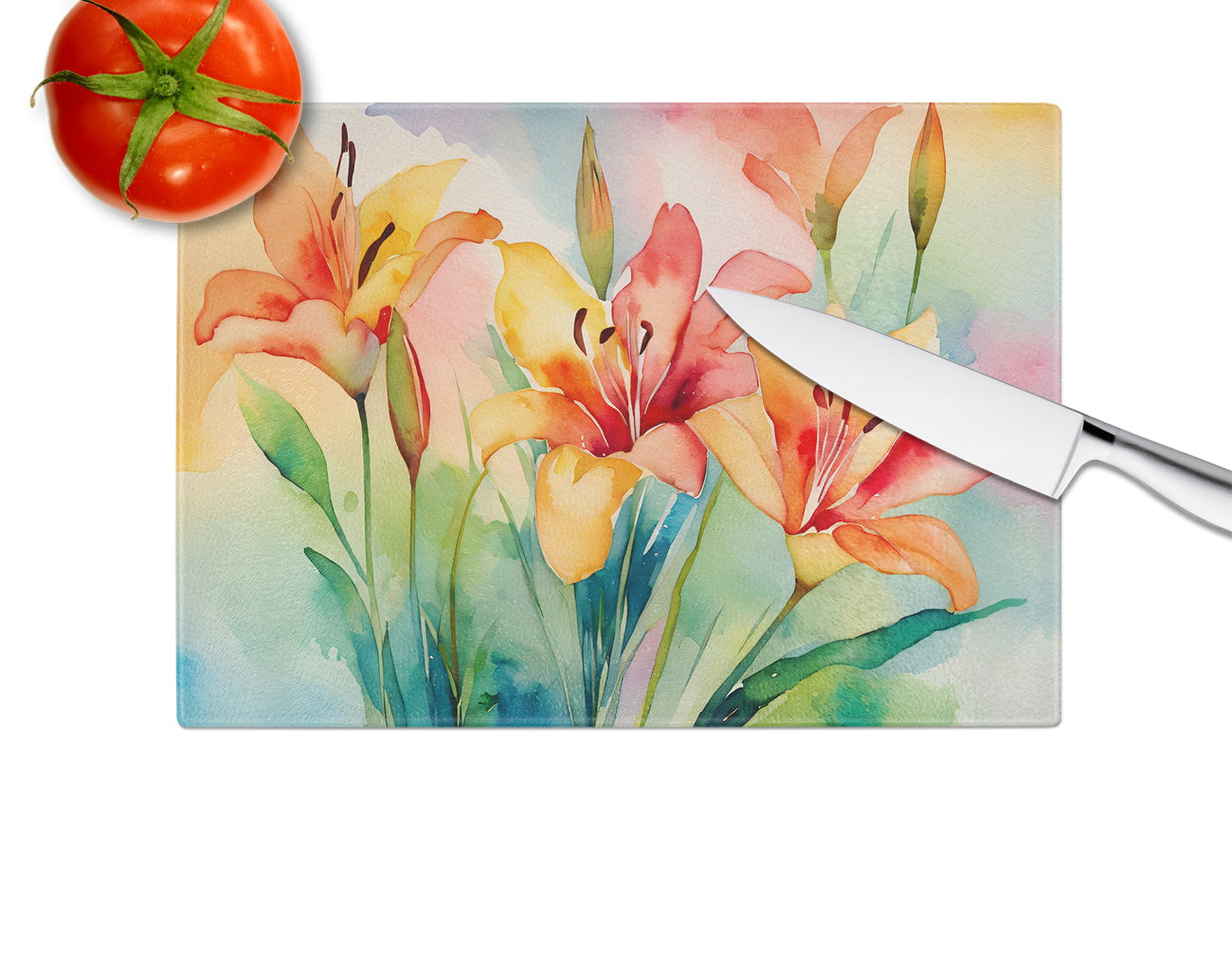 Lilies in Watercolor Glass Cutting Board