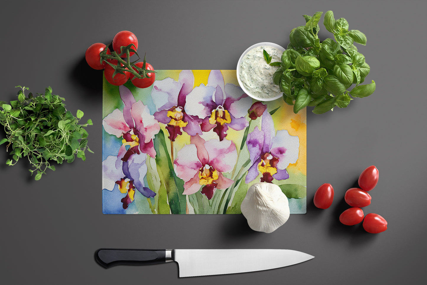 Orchids in Watercolor Glass Cutting Board